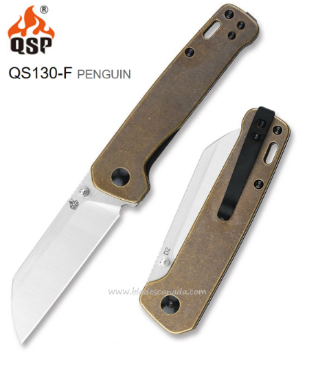 QSP Penguin Folding Knife, D2 Steel, Brass Handle, QS130-F - Click Image to Close